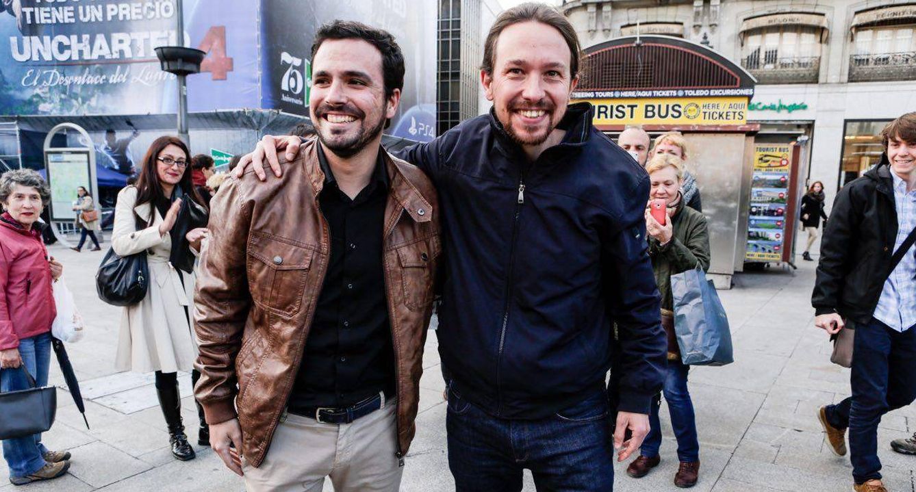 Alberto Garzón y Pablo Iglesias en Sol, el pasado 9 de mayo, tras anunciar su acuerdo. (José Camó)