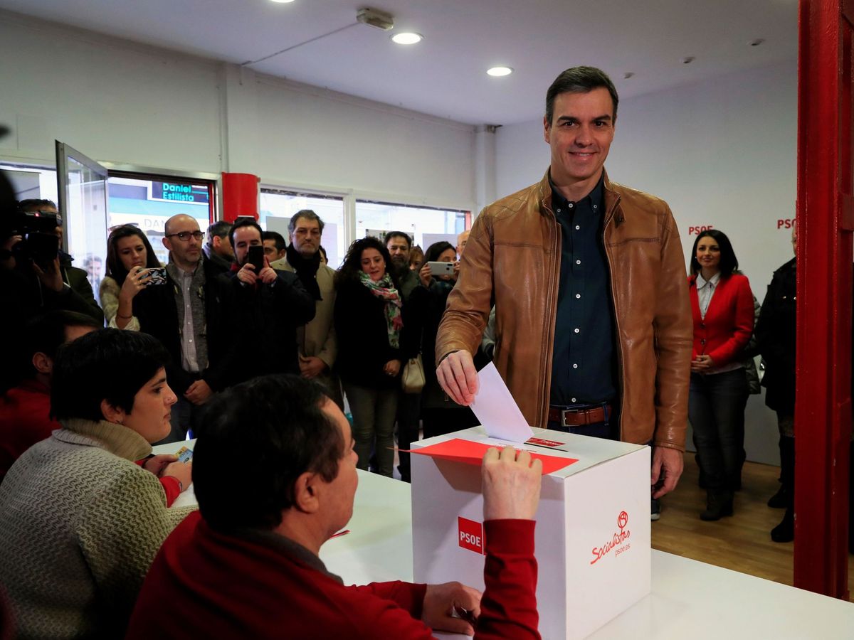 Foto: Pedro Sánchez vota en la consulta a la militancia sobre el preacuerdo con Unidas Podemos, este 23 de noviembre en la agrupación socialista de Pozuelo de Alarcón. (EFE)