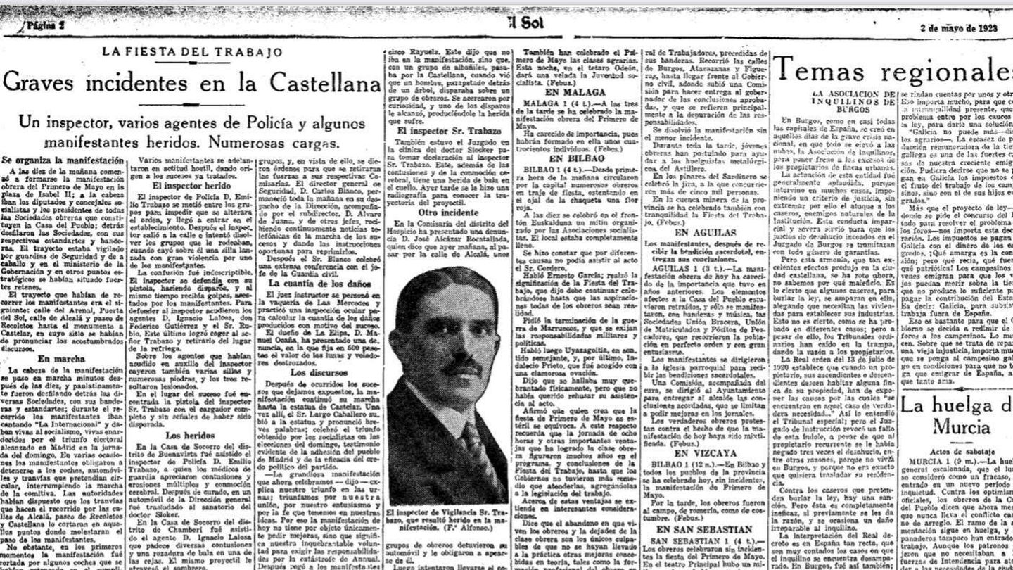 Página del periódico 'El Sol' informando de los disturbios ocurridos en Madrid durante la celebración del Día del Trabajo de 1923. 
