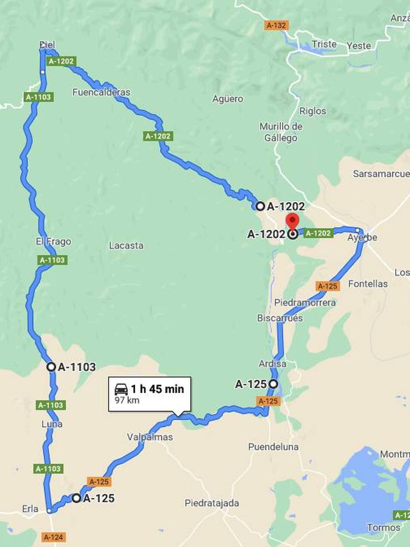 Trayecto para salir de Santa Eulalia hacia Ayerbe y Huesca sin poder cruzar el puente. (Google Maps)