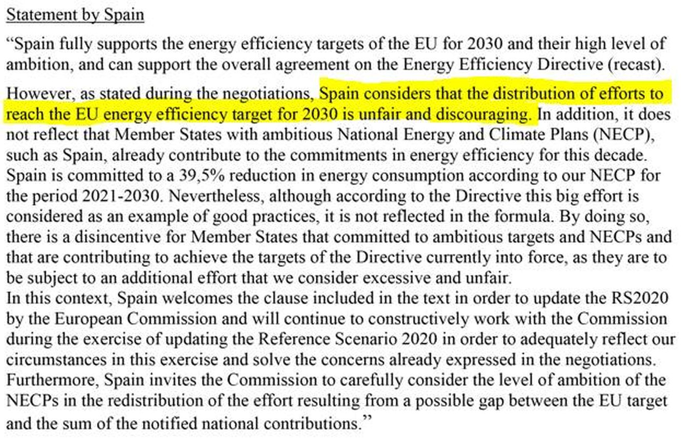 Escrito formal de protesta de España ante la UE por los objetivos de ahorro energético