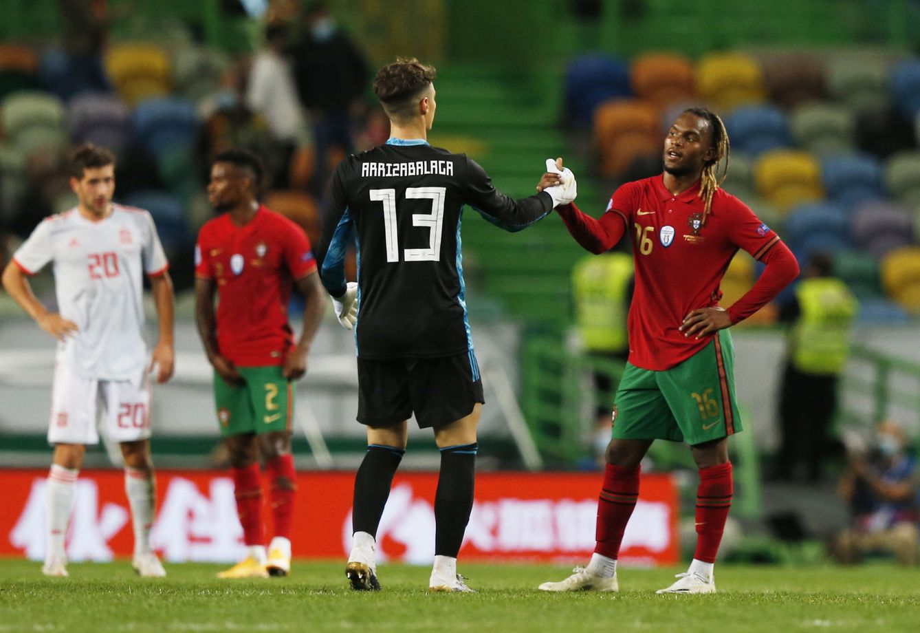 Soccer Football - International Friendly - Portugal v Spain - Estadio Jose Alvalade, Lisbon, Portugal - October 7, 2020 Spain's Kepa  with Portugal's Renato Sanches after the match REUTERS Rafael Marchante