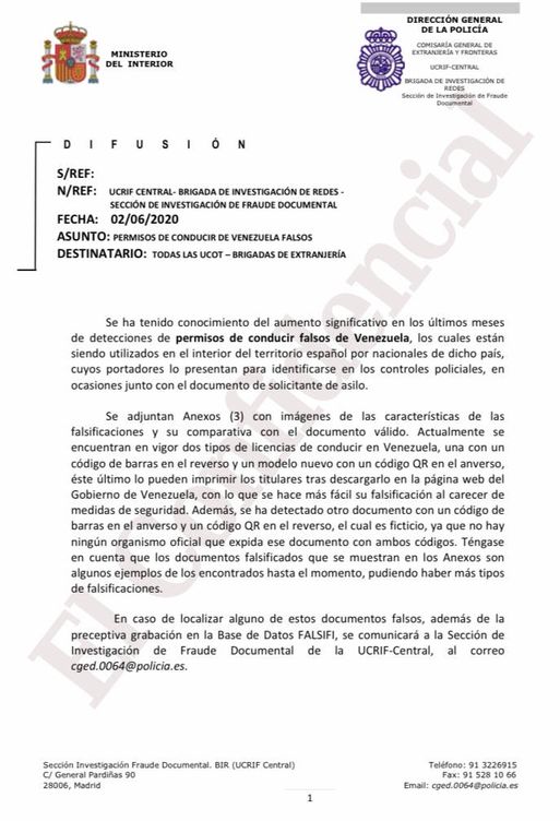 Orden policial emitida a las brigadas de Extranjería alertando sobre el creciente fraude de los carnets venezolanos. (EC)