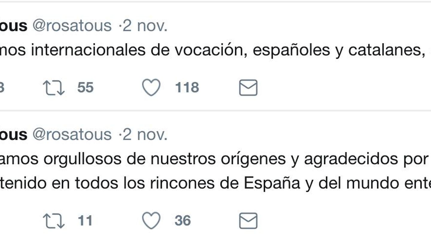 Reacción a la crisis en Twitter de Rosa Tous, vicepresidenta de Tous. (Twitter)