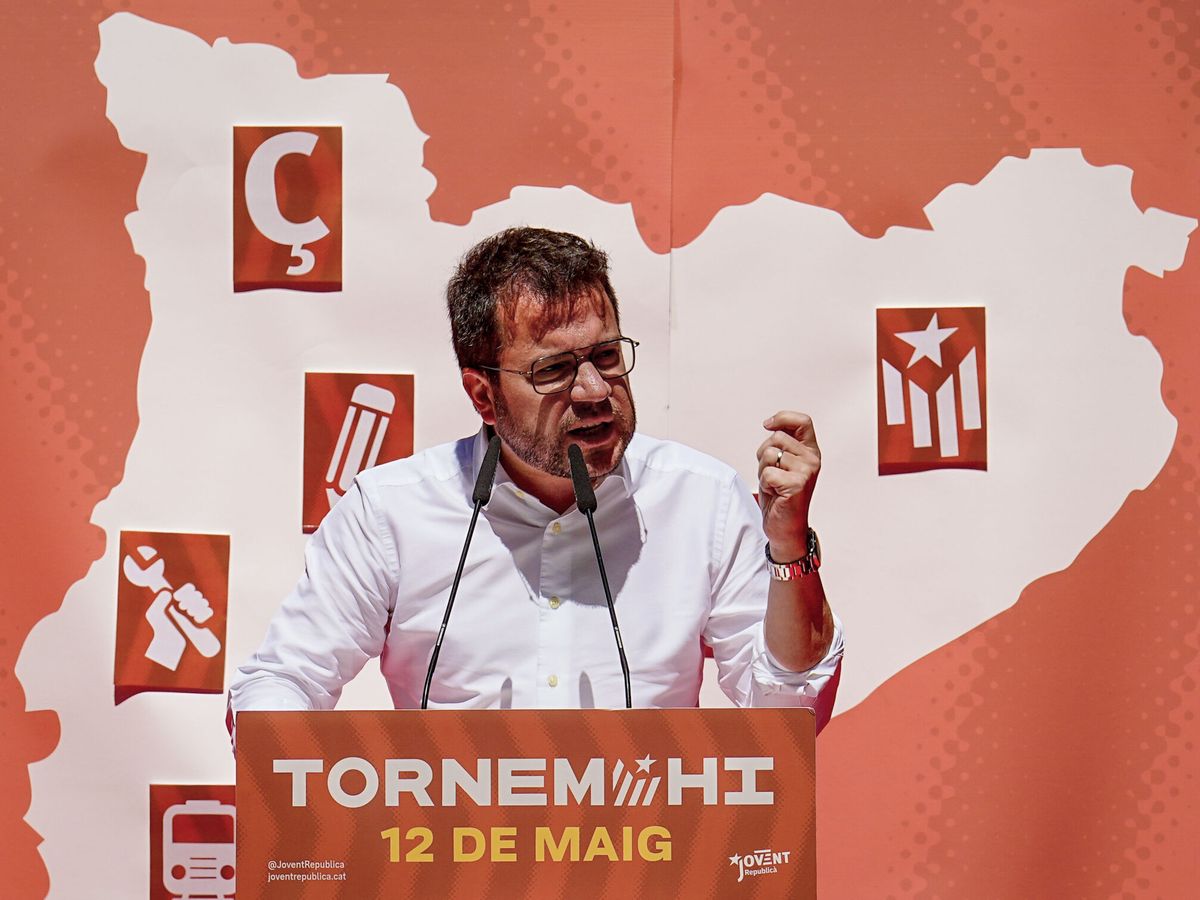 Foto: El presidente de la Generalitat y candidato a la reelección por ERC, Pere Aragonès, en un acto electoral en Barcelona (EFE/Fontcuberta)