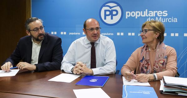 Foto: El presidente de Murcia, Pedro Antonio Sánchez (c), junto a la secretaria general del Partido Popular en la región, Maruja Pelegrín, y el portavoz del grupo popular en la Asamblea regional, Víctor Martínez. (EFE)