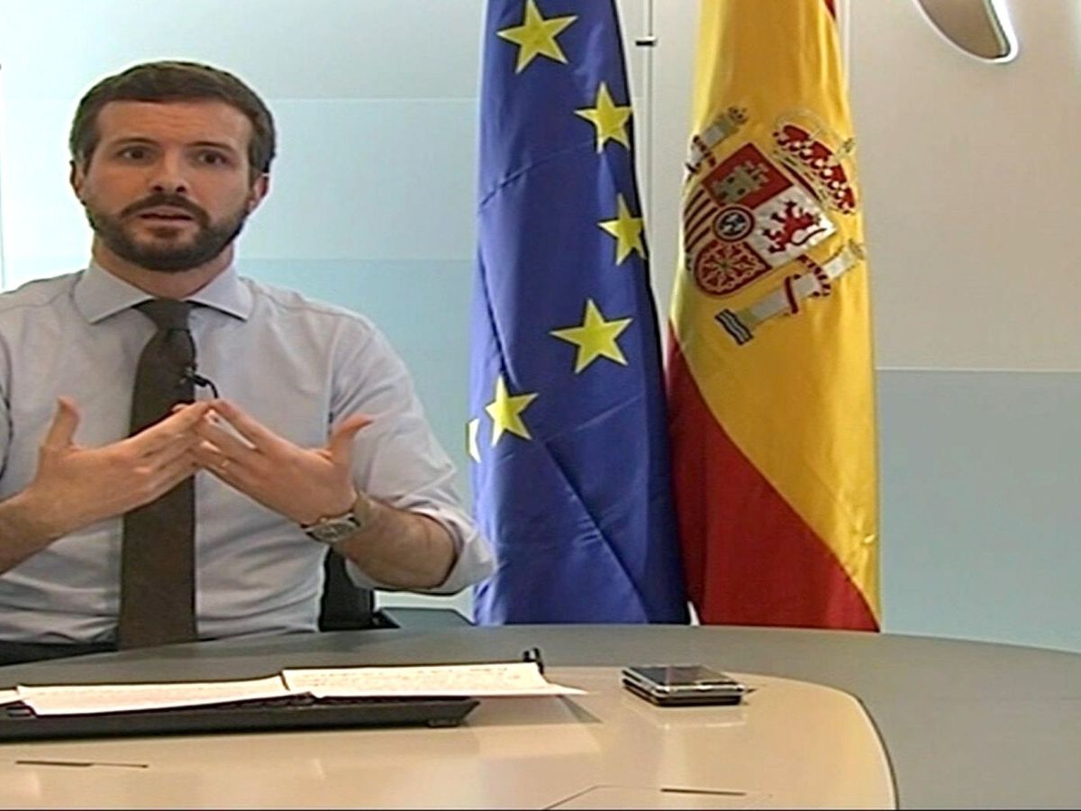 Foto: Captura de vídeo de la videoconferencia que el presidente del PP, Pablo Casado. (EFE)