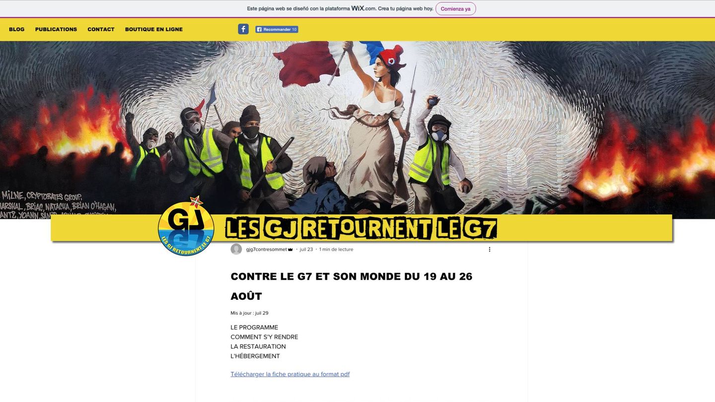 Pagina web de los chalecos amarillos franceses en protesta contra el G-7.
