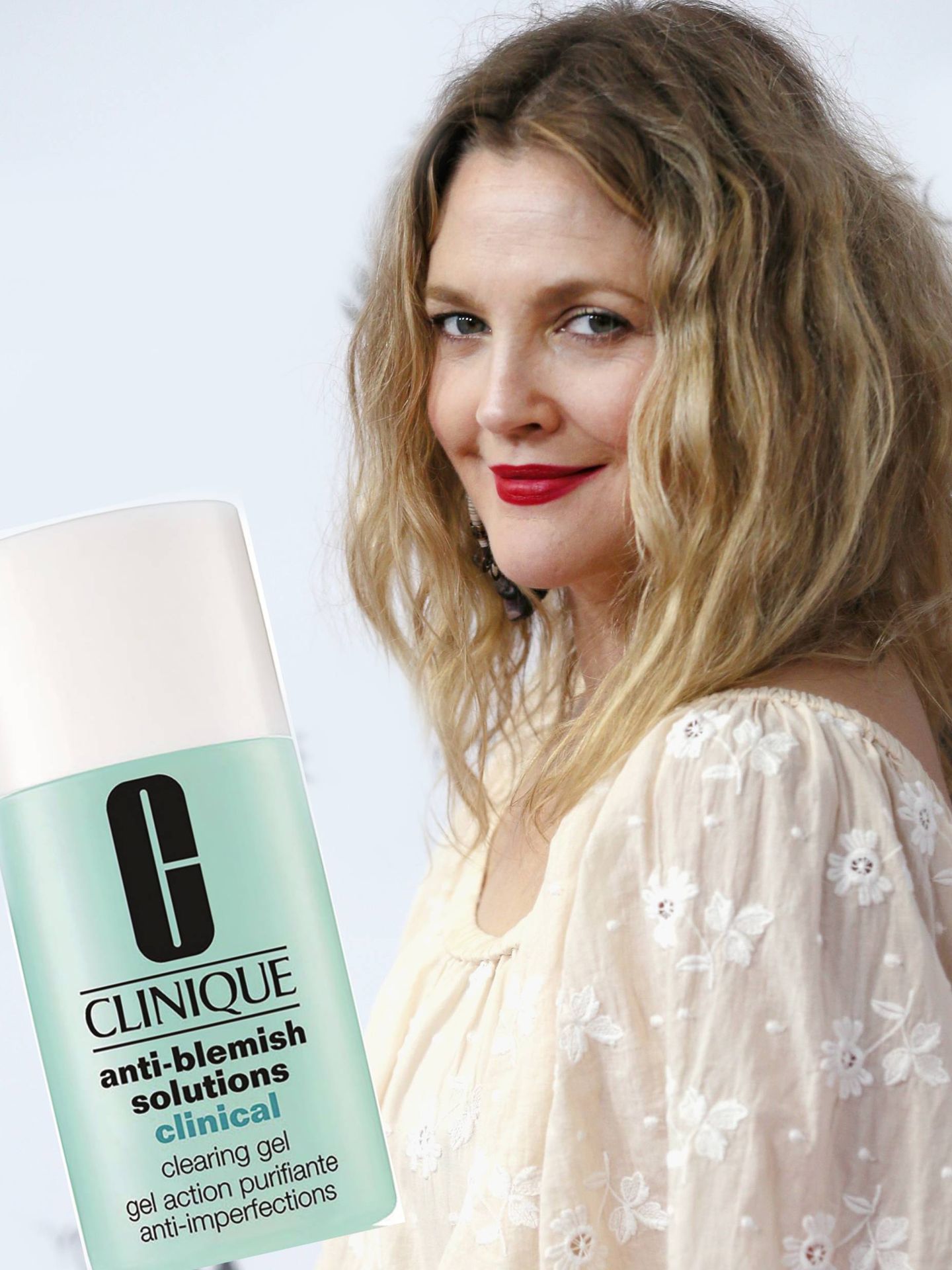 Drew Barrymore y el gel limpiador Anti-Blemish Solutions Clinical de Clinique.  (Getty)