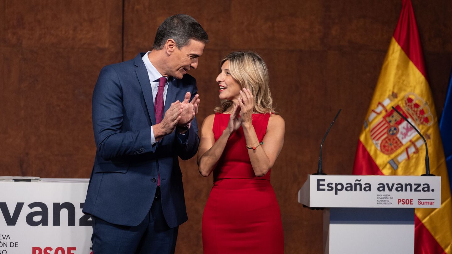 Sánchez y Díaz, en la presentación del acuerdo entre el PSOE y Sumar. (Europa Press/Eduardo Parra)
