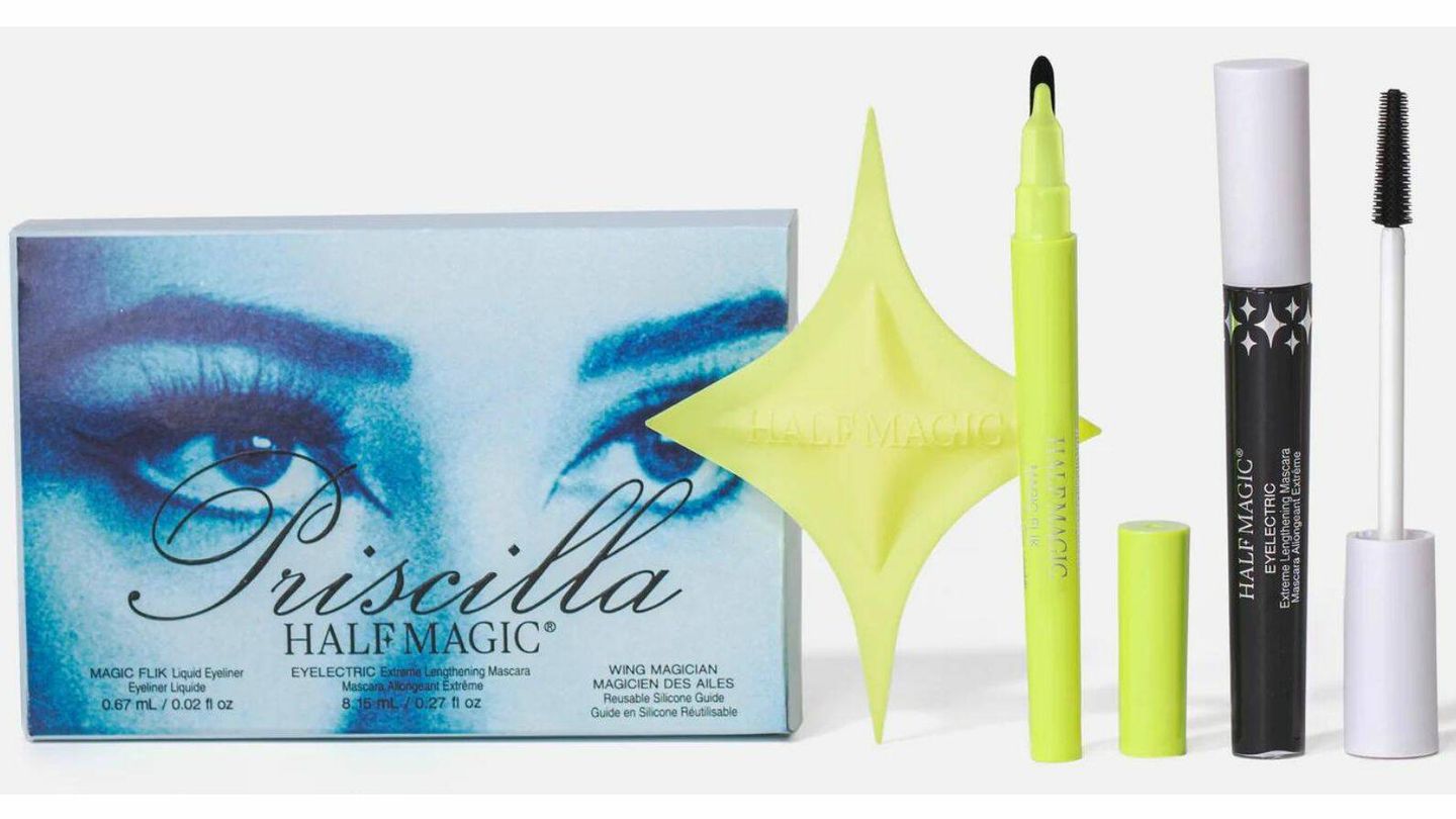 Pack Priscilla x Halfmagic, compuesto por The Eyelectric Extreme Lengthening Mascara, Magic Flik Liquid Eyeliner y plantilla para el delineado Wing Magician Reusable Wing Guide.