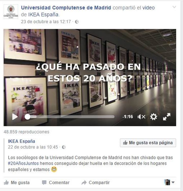 Vídeo de IKEA compartido en el Facebook de la UCM.