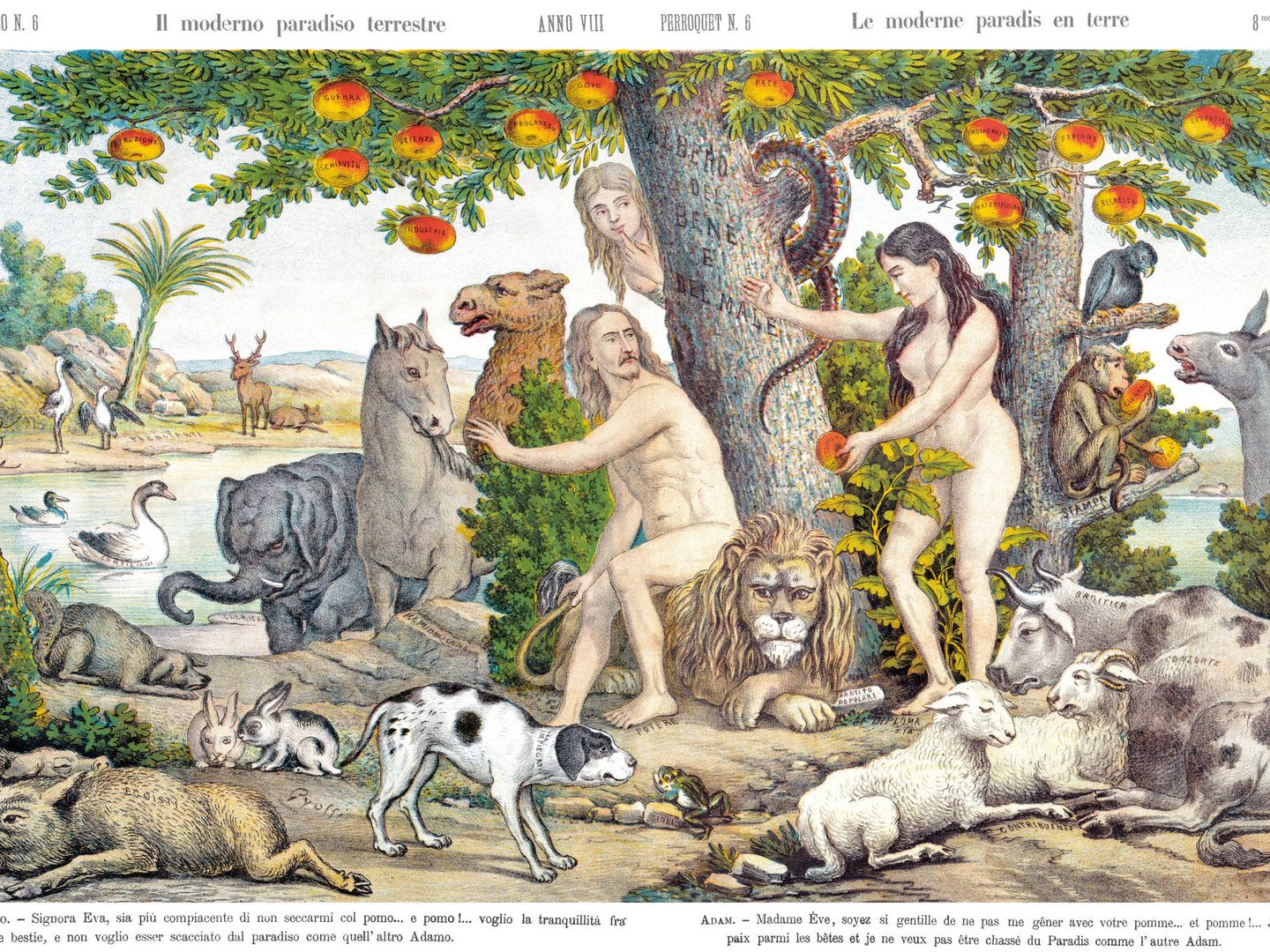 De nuevo Adán y Eva comiendo manzanas, por Augusto Grossi en 1880.