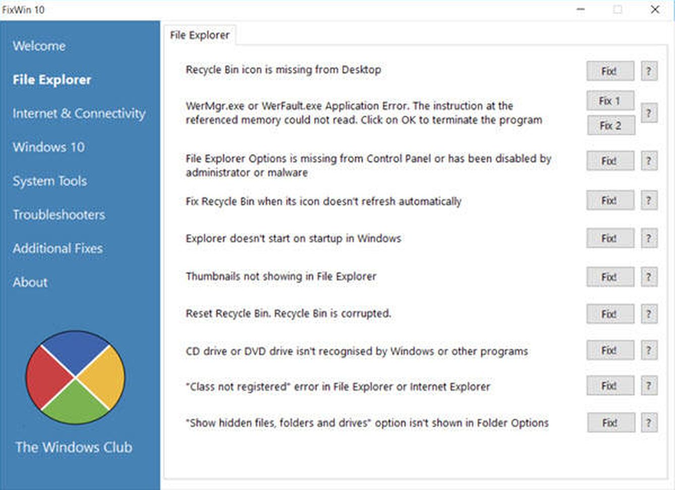 Foto de los errores del Explorador de archivos que arregla FixWin 10. (Imagen: The Windows Club)