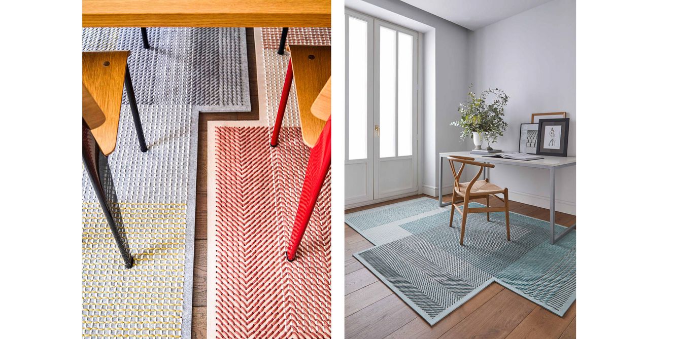 Las alfombras encajan entre sí para componer espacios. Aquí, los modelos 'Coral' y 'Grey'.