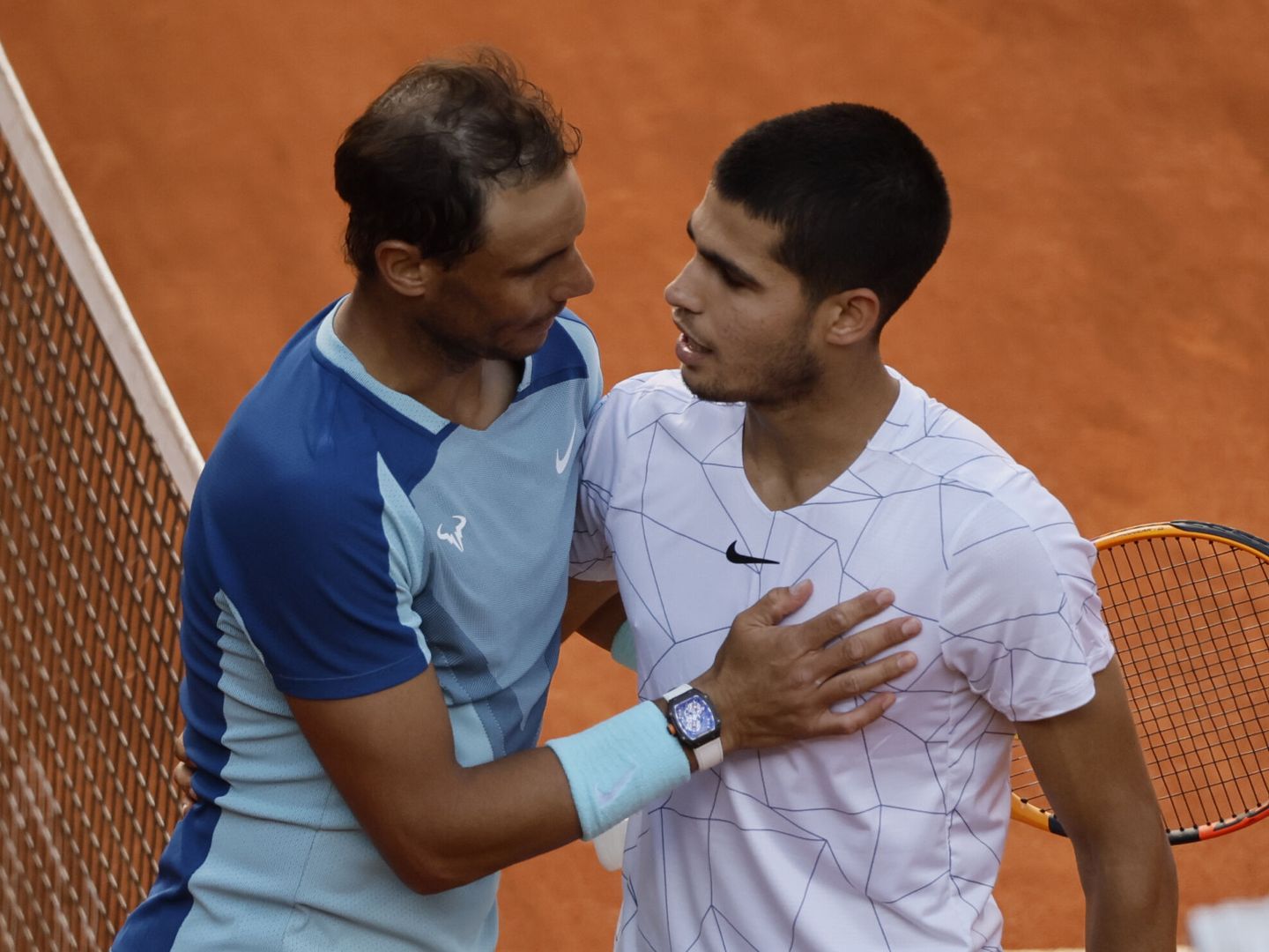 Rafa Nadal y Alcaraz, en el Mutua Madrid Open. (EFE/ Juanjo Martín) 