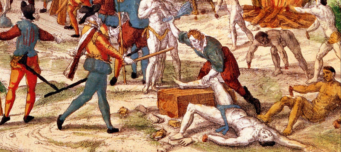 Representación del conquistador Hernando de Soto torturando supuestamente a los jefes nativos de Florida