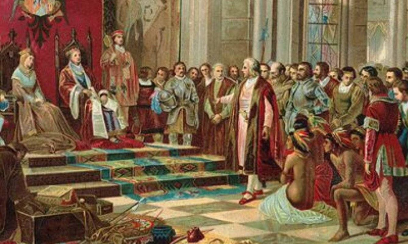 Recibimiento de los Reyes Católicos a Colón en Barcelona, tras regresar del Nuevo Mundo, según un cuadro de Ricardo Balaca (1844-1880)
