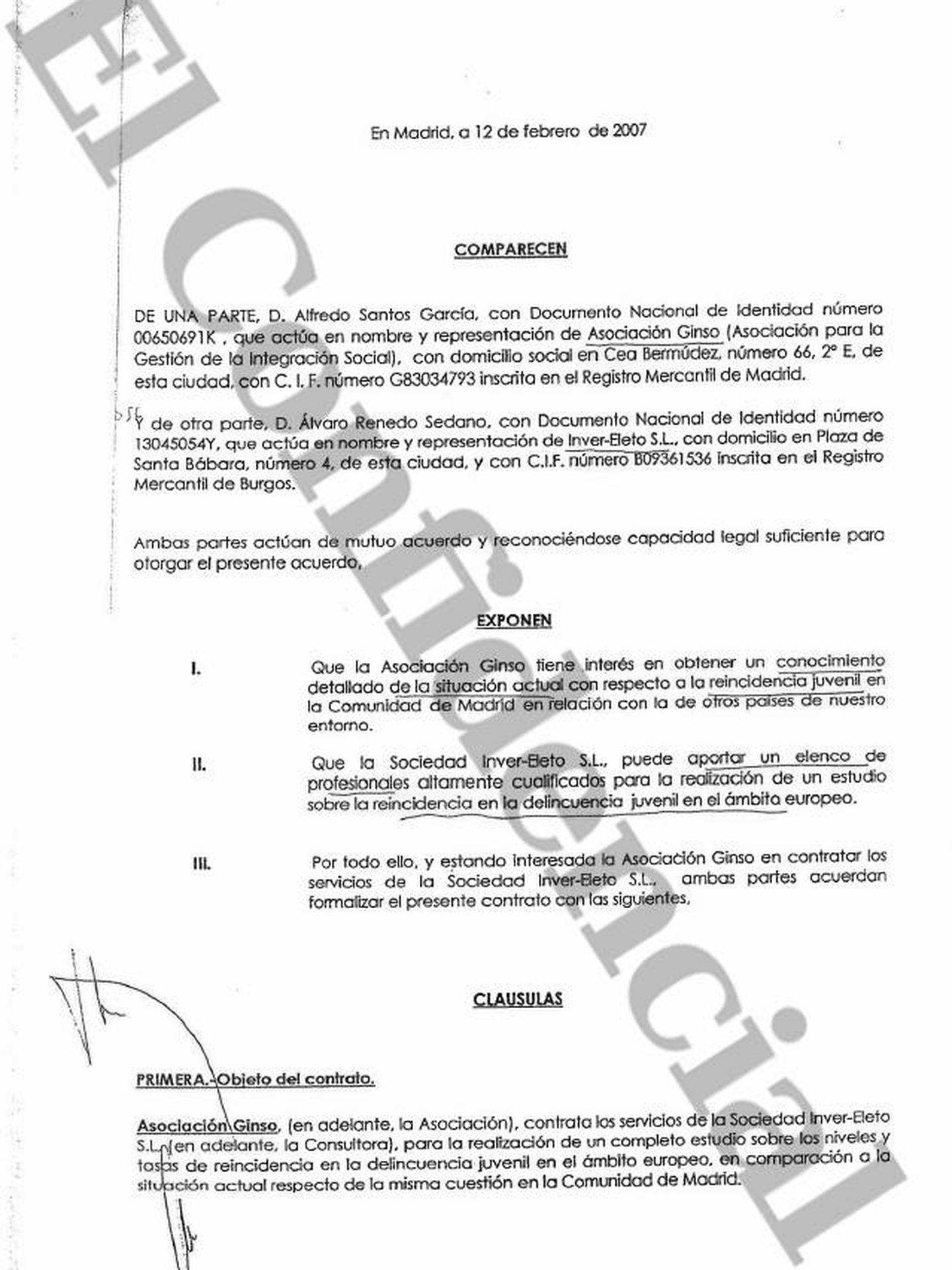 Convenios firmados entre Ginso e Inver-Eleto para justificar los supuestos trabajos de consultoría, aportados también por Granados en la Audiencia Nacional.
