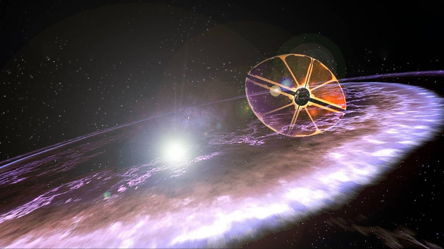 Ilustración de un concepto de nave de vela solar impulsada por la luz de una supernova.