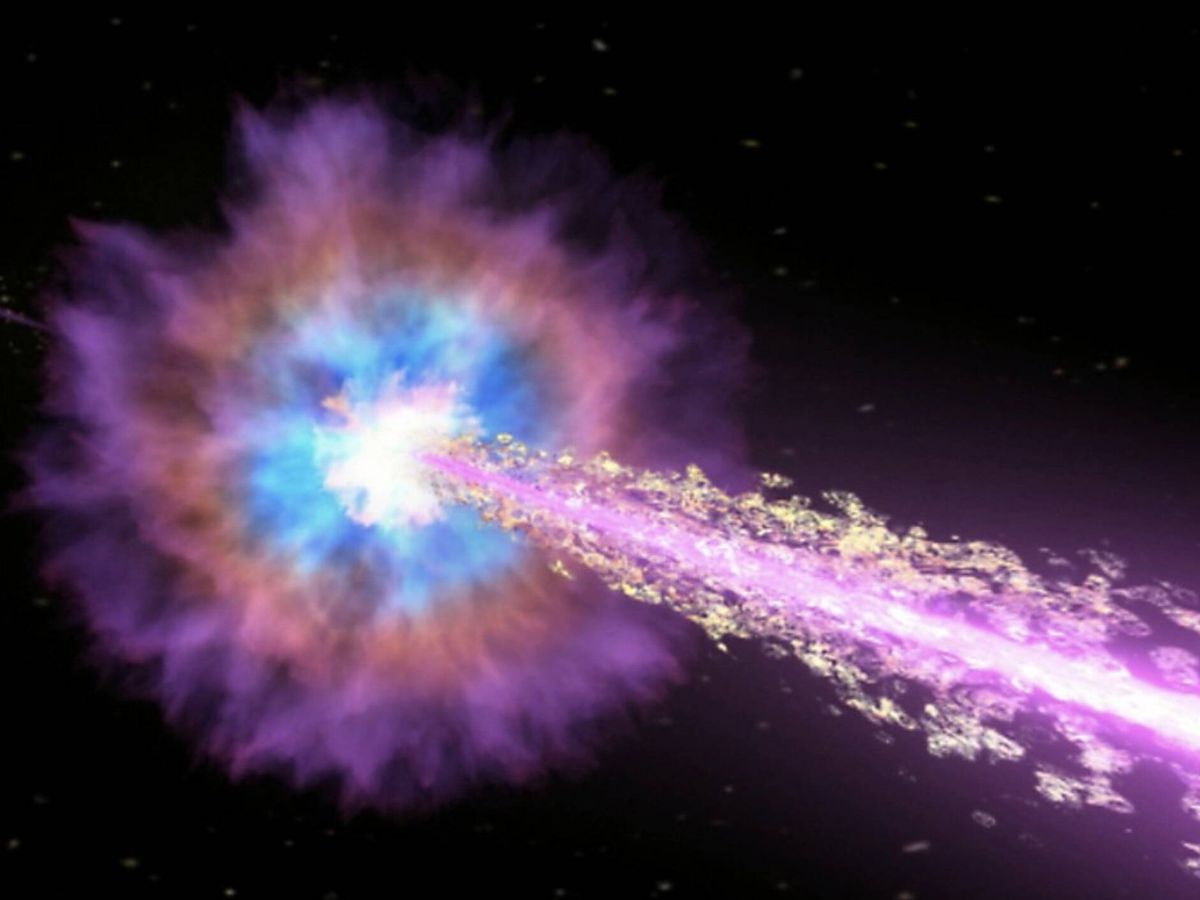 Foto: Recreación artística del 'disparo' de rayos gamma (NASA/Swift/Cruz deWilde)