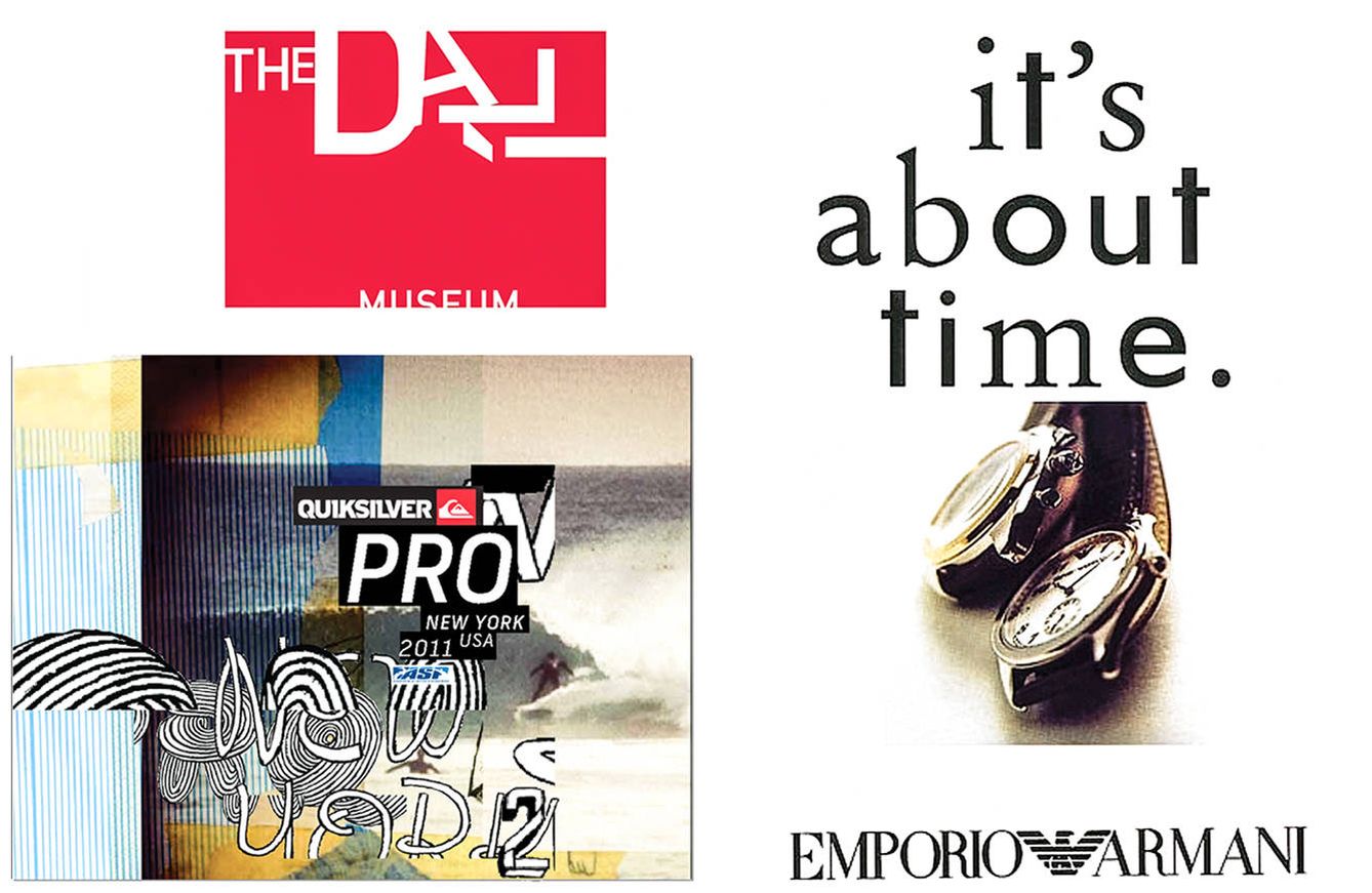 A la izquierda, de arriba abajo, logo para el Museo Dalí de San Petersburgo, y cartel para el campeonato de surf Quiksilver Pro, celebrado en Nueva York en 2011.   A la derecha, publicidad para Emporio Armani. 