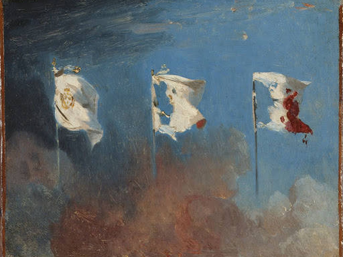 Alegoría de las Tres Gloriosas: la bandera de la Francia de la Restauración (blanca, con el escudo), se ve paulatinamente cambiada hasta transformarse en la bandera tricolor, manchada con el rojo de la sangre y recortada contra el azul del cielo. Óleo de León Cogniet