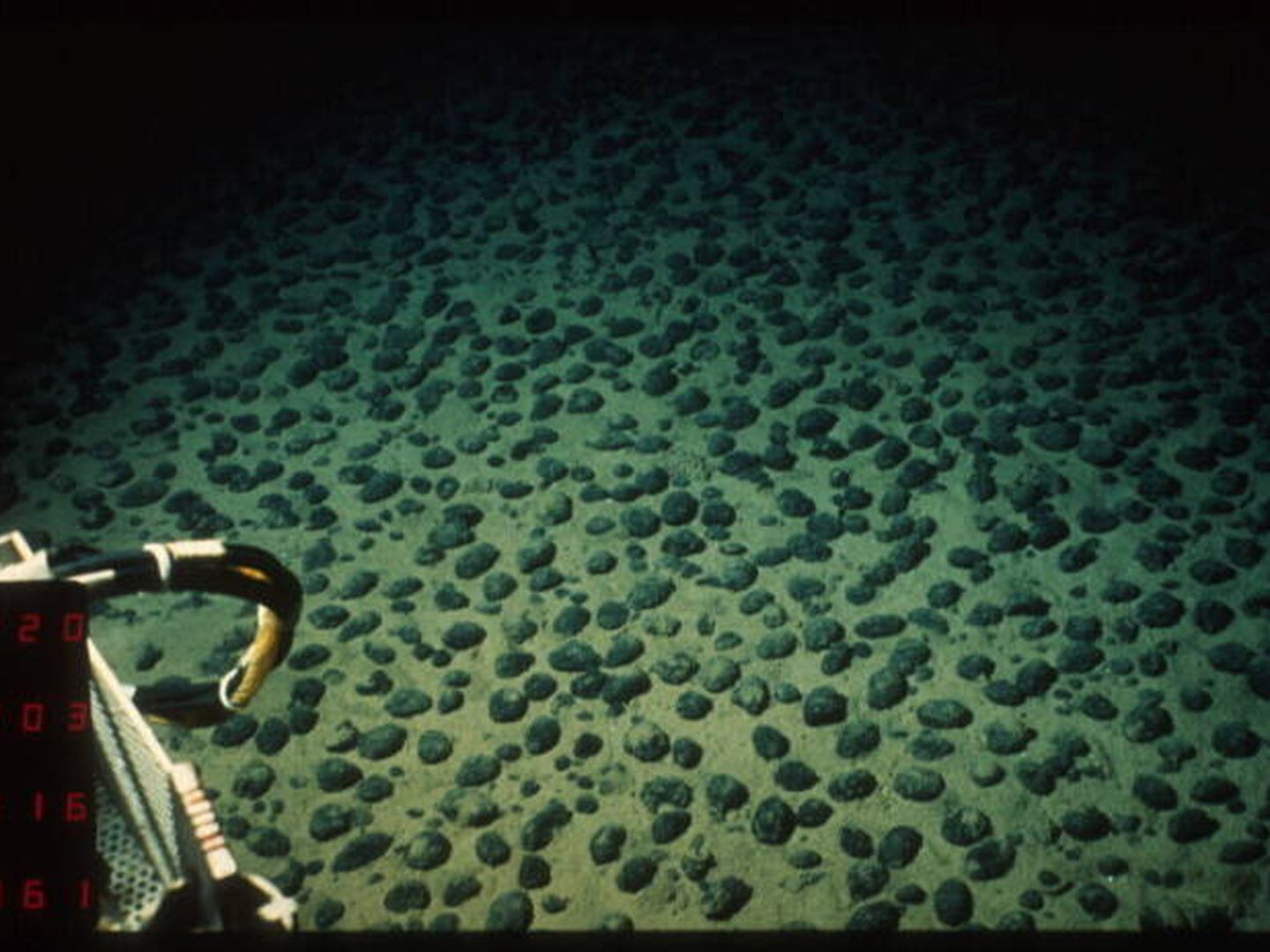 Nódulos polimetálicos en el lecho marino a gran profundidad.