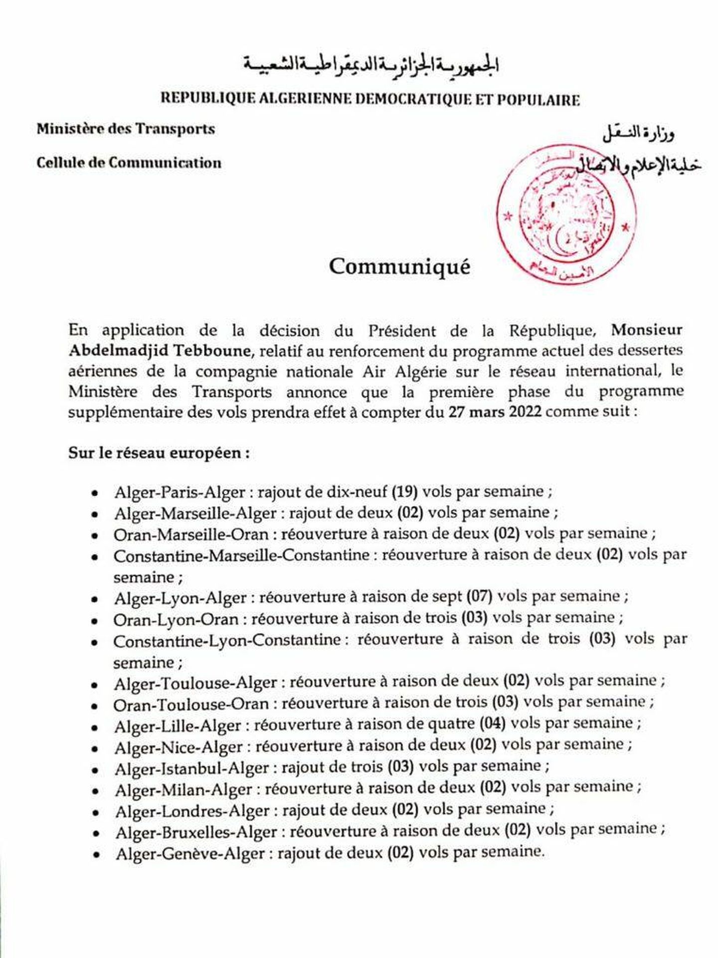 Documento del Ministerio de Transportes de Argelia anunciando la reanudación de los vuelos de Air Algérie que excluye a España.