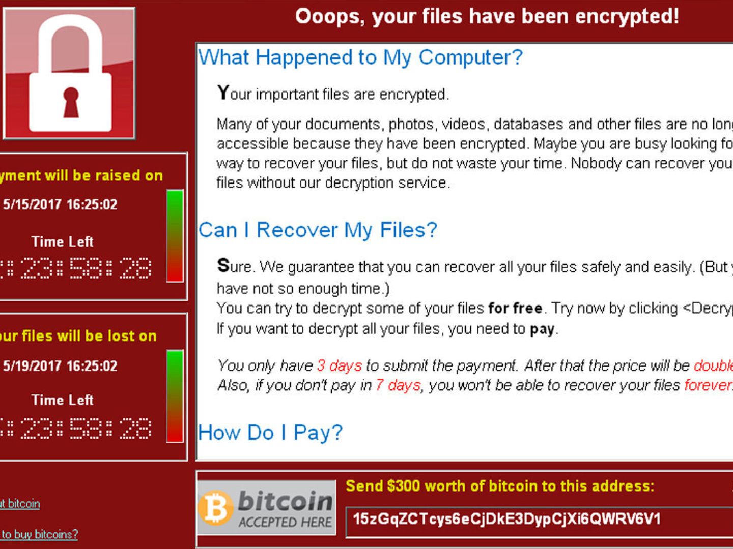 Un pantallazo del 'ransomware' WannaCry que en 2017 afectó a cientos de empresas en todo el mundo. (Reuters)