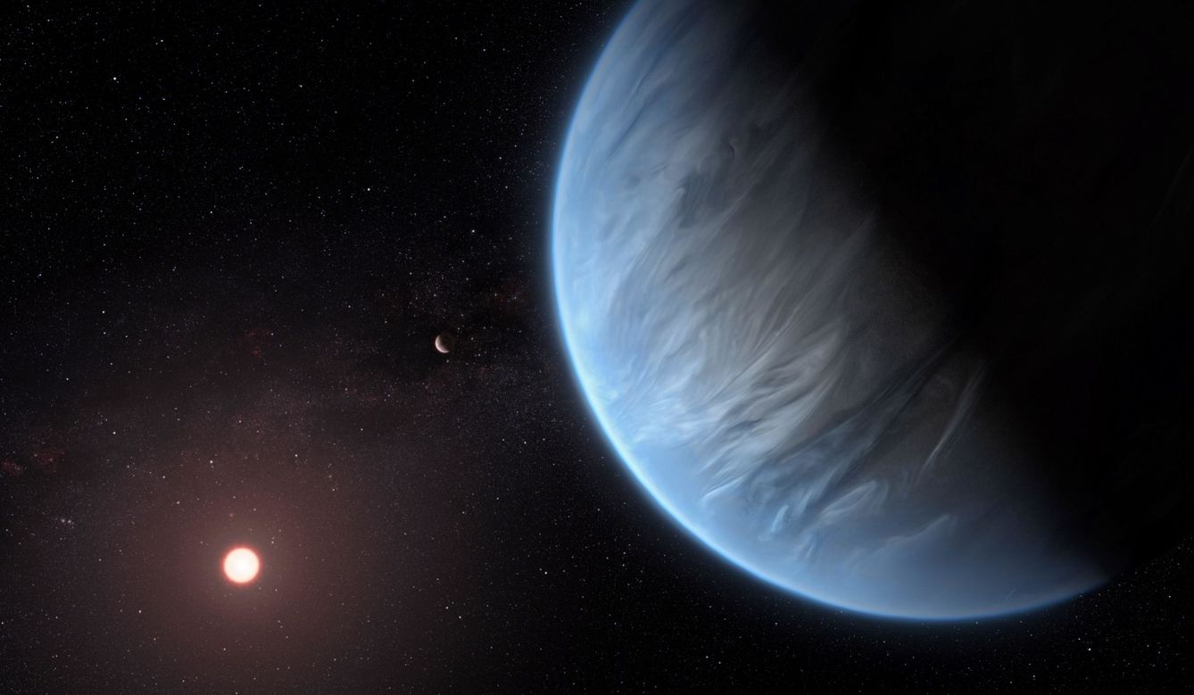 Space (---), 11 09 2019.- A handout photo made available by the European Space Agency (ESA) on 11 September 2019 shows an artist's impression of the planet K2-18b, it's host star and an accompanying planet in this system. K2-18b is now the only super-Earth exoplanet known to host both water and temperatures that could support life. UCL researchers used archive data from 2016 and 2017 captured by the NASA ESA Hubble Space Telescope and developed open-source algorithms to analyse the starlight filtered through K2-18b'Äôs atmosphere. The results revealed the molecular signature of water vapour, also indicating the presence of hydrogen and helium in the planet'Äôs atmosphere. (Abierto) EFE EPA ESA Hubble, M. Kornmesser   HANDOUT HANDOUT EDITORIAL USE ONLY NO SALES