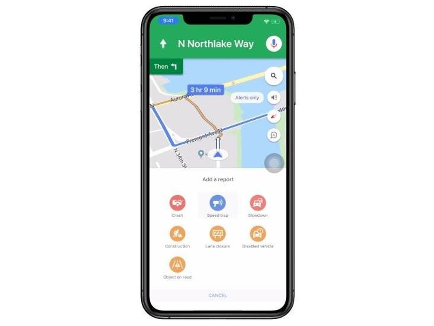 Tipos de alerta de circulación que se pueden añadir en la aplicación 'Google Maps'.