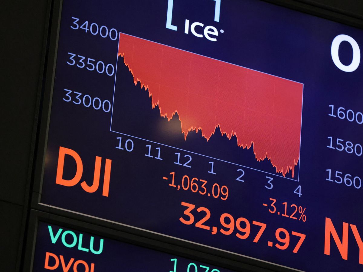 Foto: Pantalla que muestra las caídas del índice Dow Jones. (Reuters/ Andrew Kelly) 