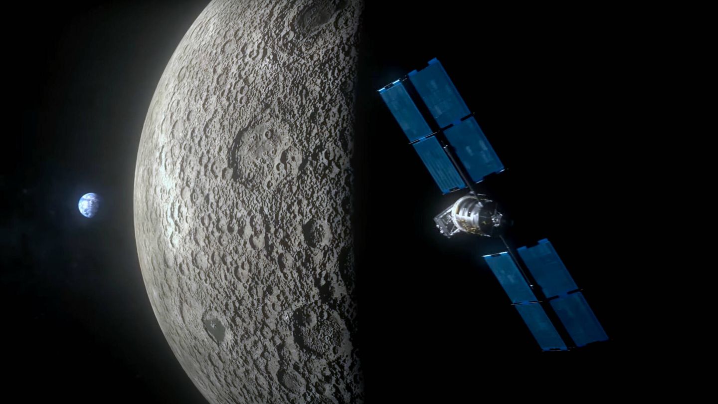 Render del posible sistema de vigilancia lunar del United States Space Command pasando sobre la cara oculta de la Luna (USAFRL)