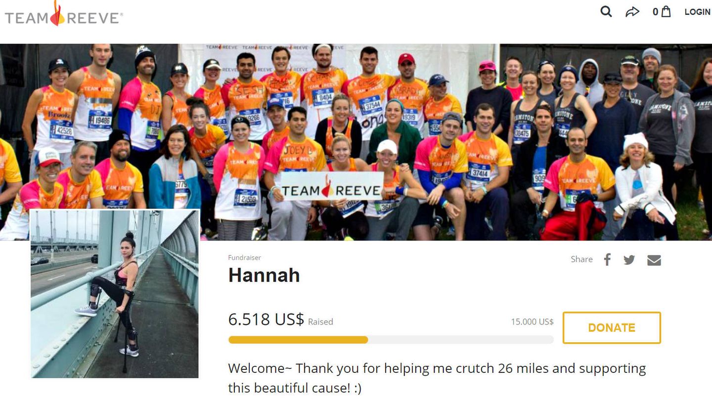 La página de la Fundación Reeve donde Hannah recauda fondos
