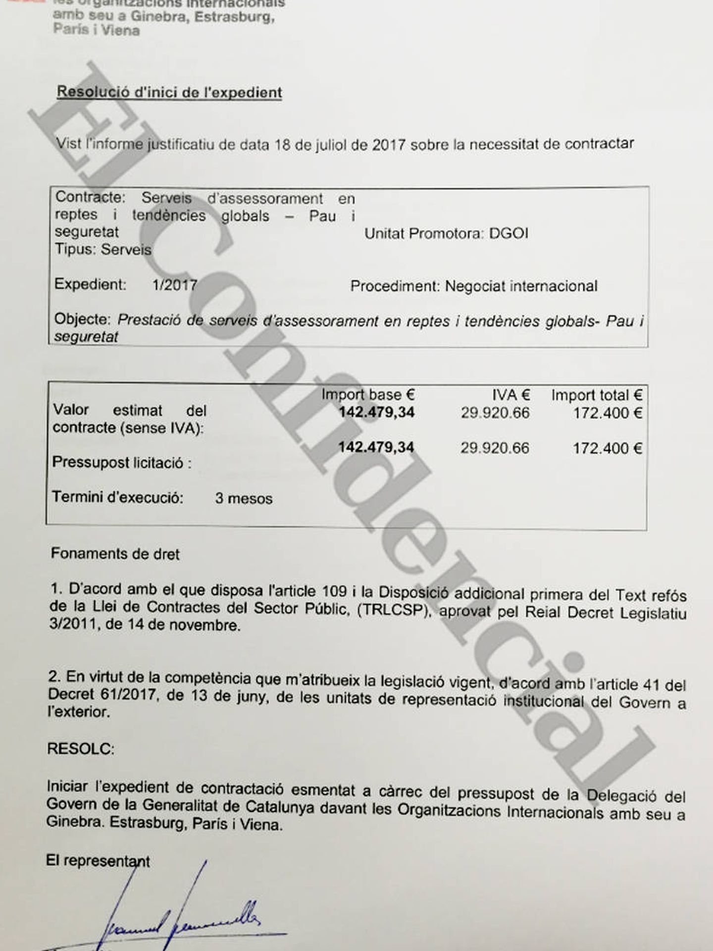 Contrato de la 'embajada' catalana en Ginebra con HCSS fechado en julio de 2017