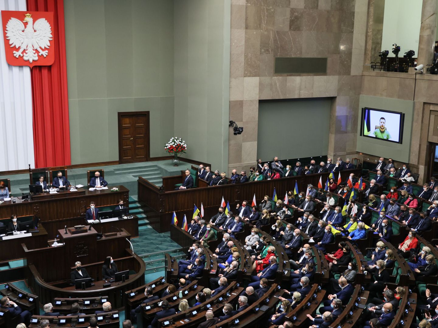Discurso del presidente Zelenski ante la Asamblea Nacional, en Polonia. (EFE/ Leszek Szymanski)