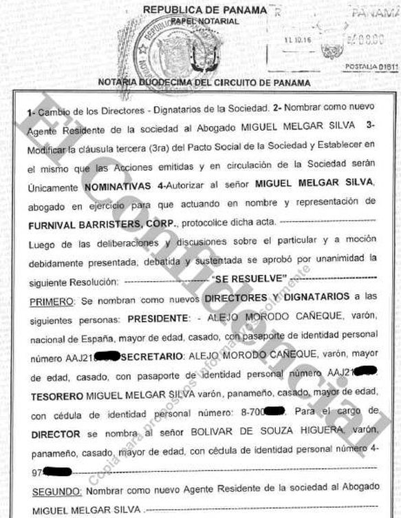 Documento de la sociedad panameña donde aparece por primera vez Alejo Morodo en octubre de 2016.
