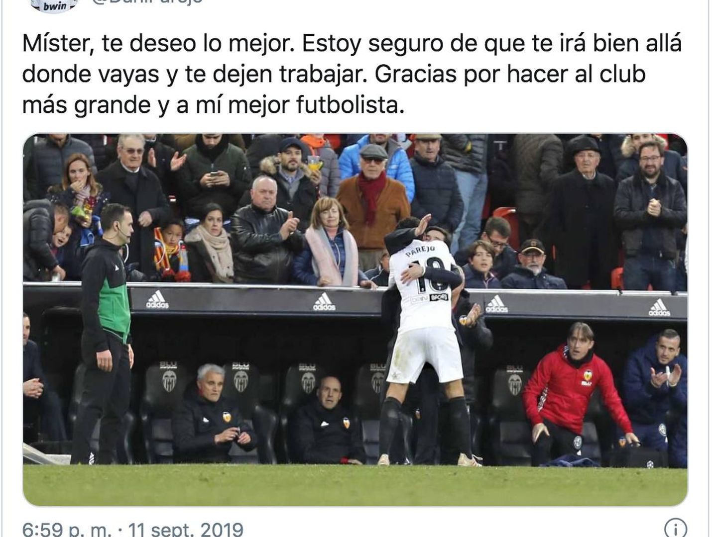 El mensaje de Dani Parejo a Marcelino, abrazos, una vez despedido del Valencia el entrenador