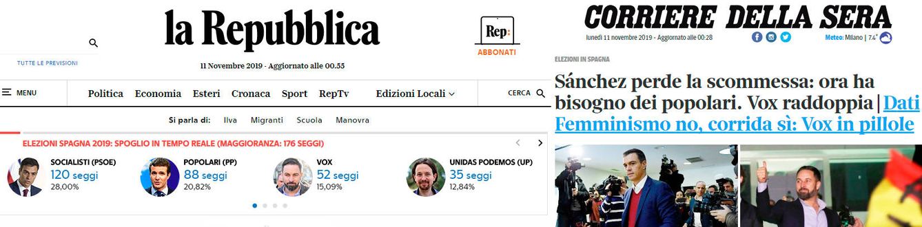 Portadas de 'La Repubblica' y 'Corriere della Sera'.