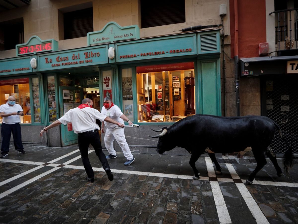 Foto: Dos corredores habituales del encierro de Pamplona simulan correr delante de un toro disecado. (EFE)