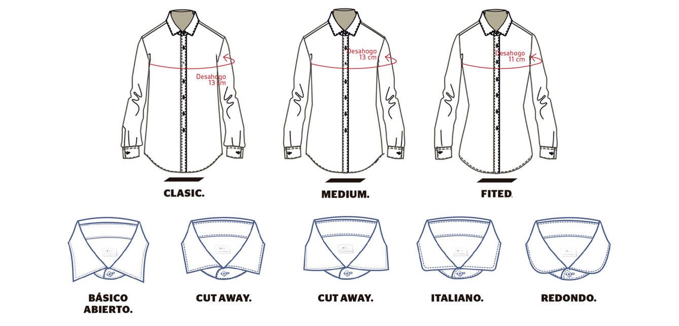 Arriba, tres modelos para elegir el ‘fit’ de la camisa ideal. Debajo, selección de tipos de cuello.