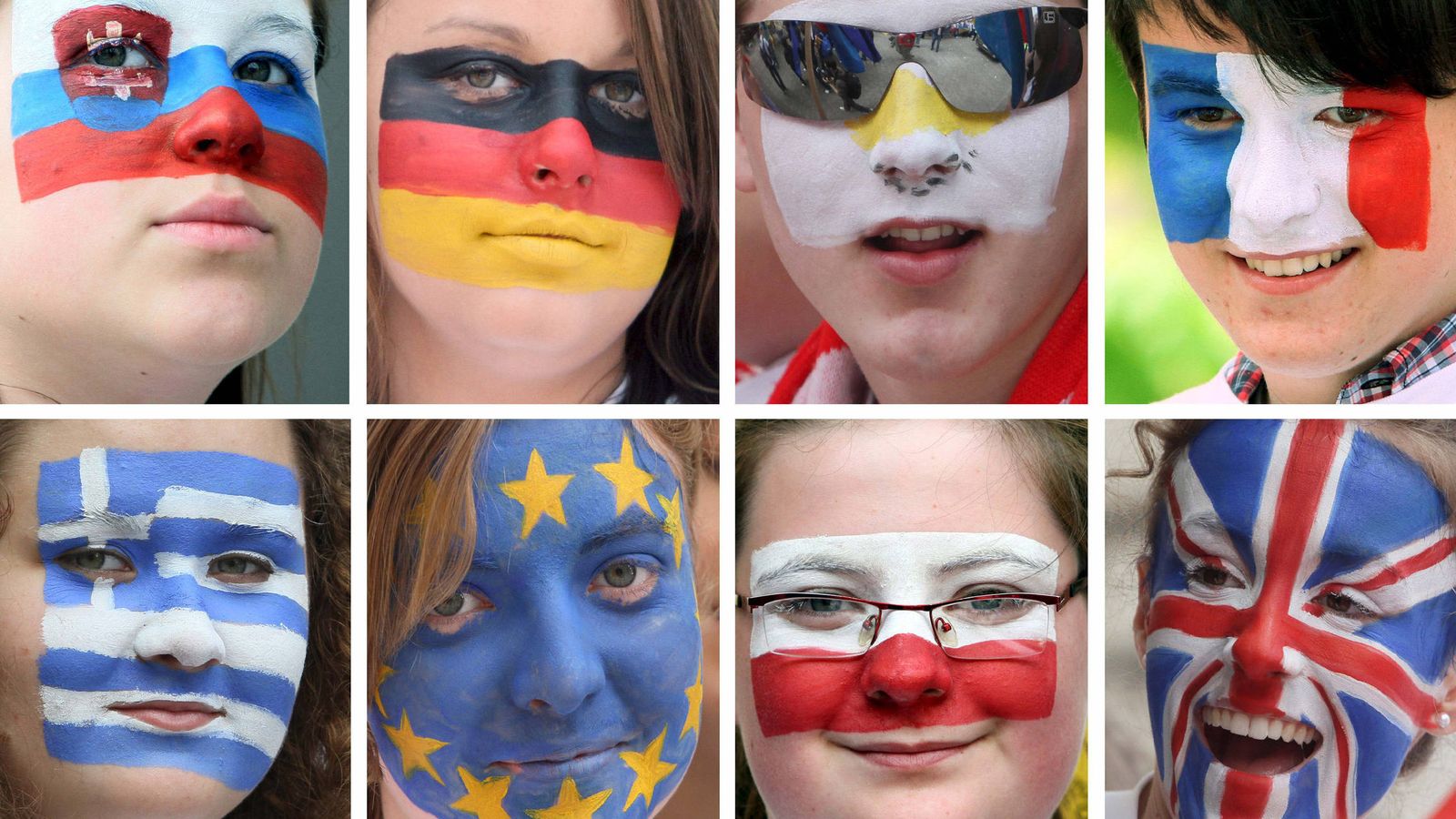 Foto: Combo de fotografías que muestra a un grupo de jóvenes con las banderas europeas pintadas en sus caras. (EFE)