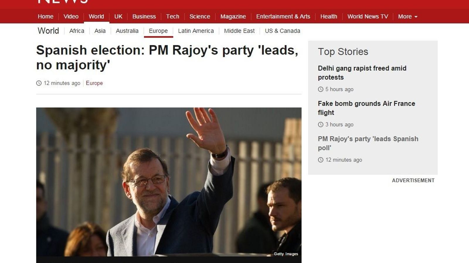 Foto: La BBC titula con la "no mayoría" del presidente del Gobierno, Mariano Rajoy. (BBC) 