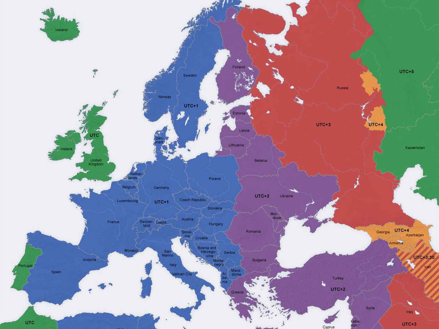 Mapa con los husos horarios de los países europeos.