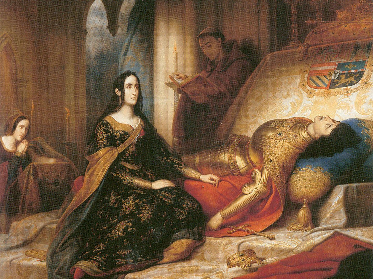 Juana la Loca, a los pies de Felipe el Hermoso en su lecho de muerte. (Cuadro de Charles de Steuben en el Palais des Beaux-Arts, Lille)