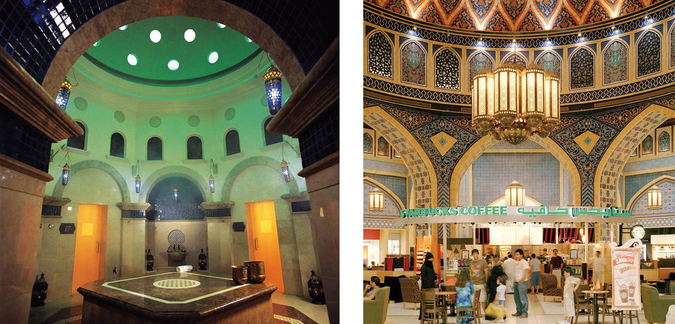 A la izquierda, baño turco del Hotel Royal Mirage. Al lado, mosaicos árabes decoran la entrada del Starbucks de Dubai.