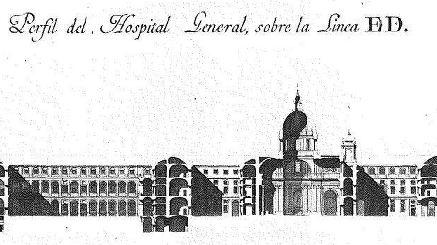 Perfil longitudinal del Hospital General de Atocha con el diseño de Hermosilla.
