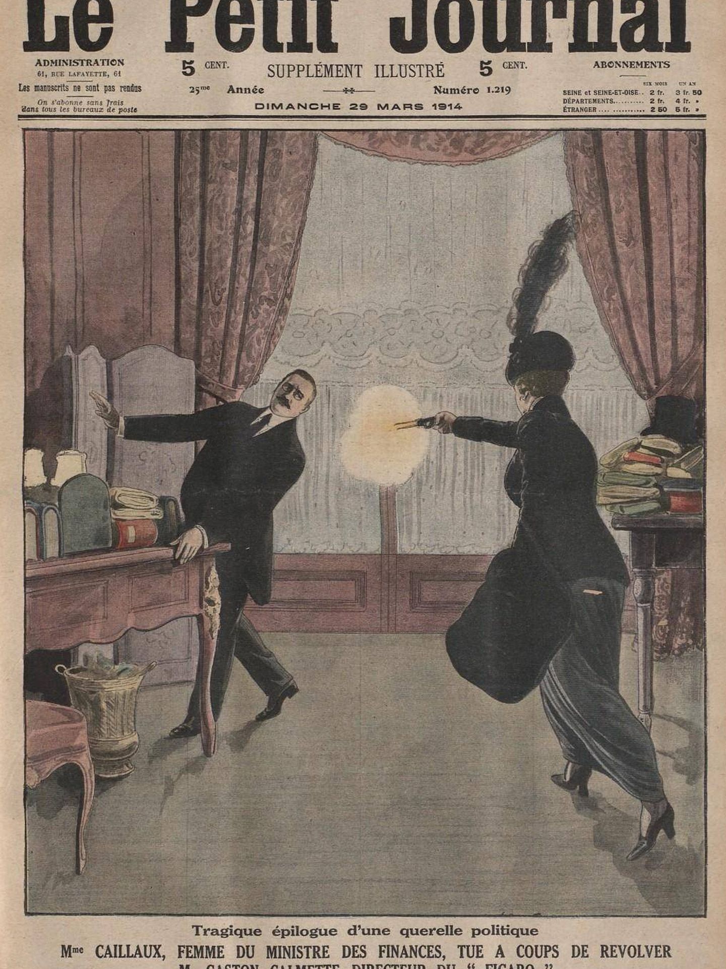 Representación gráfica del asesinato de Gaston Calmette por Henriette Caillaux en Le Petit Journal