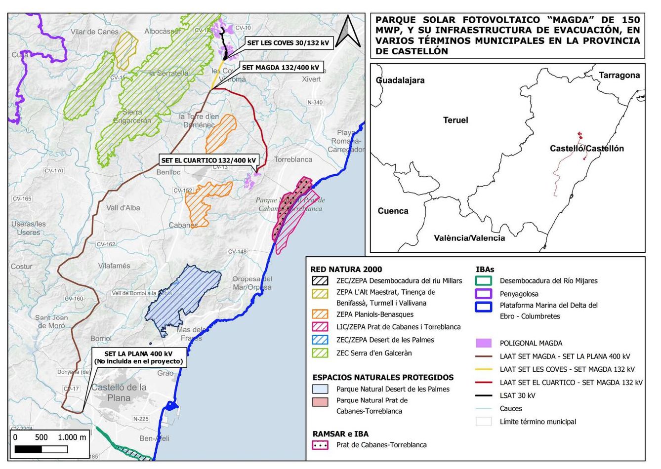 El proyecto (trama violeta) Magda sobre la provincia de Castelló, con las líneas de evacuación (marrón y roja).